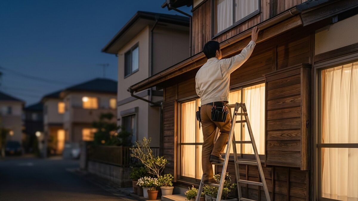 はしごで軒を点検する様子