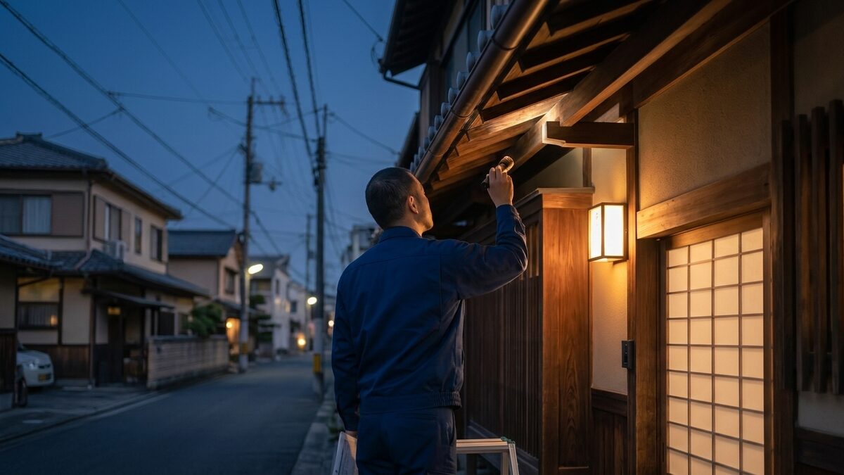軒下を点検するスタッフ