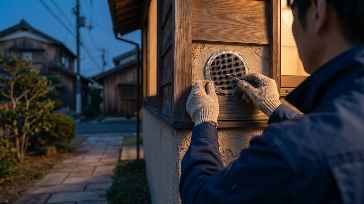 換気口に金網を取り付ける作業