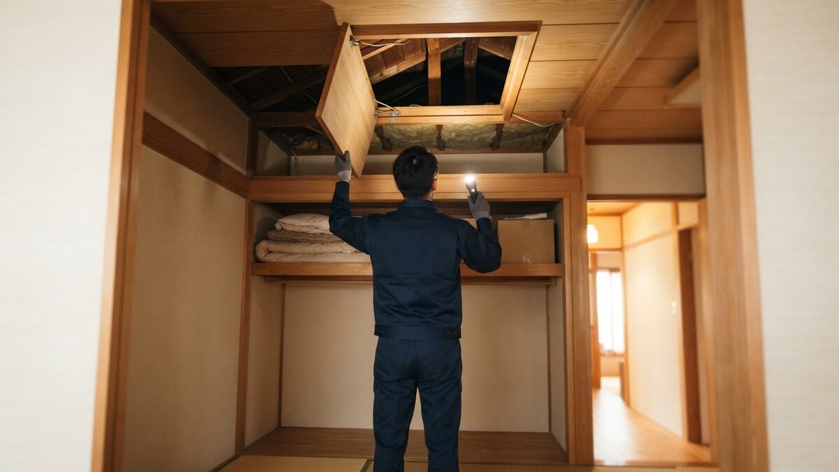 点検口から屋根裏を調査するスタッフ