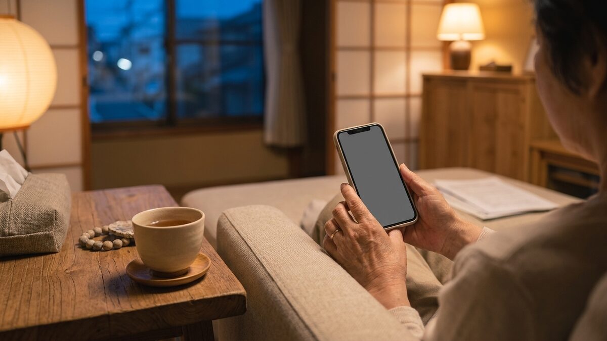 スマートフォンで口コミを調べる手元