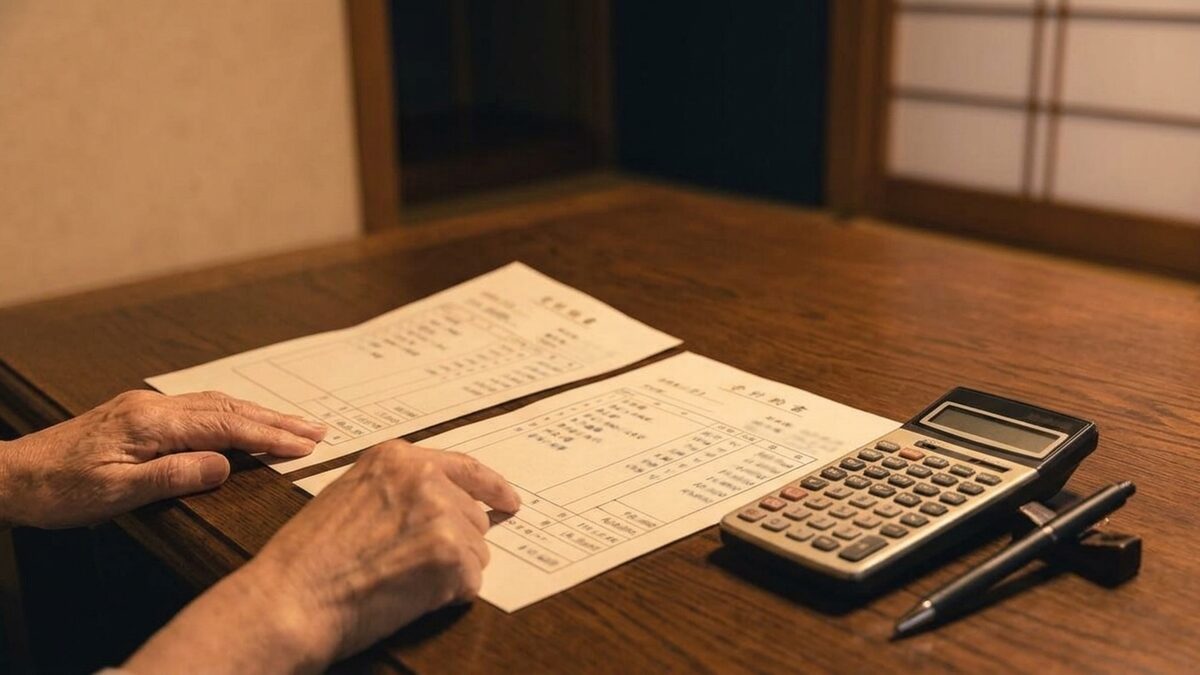 2社の見積書を並べて比べる様子
