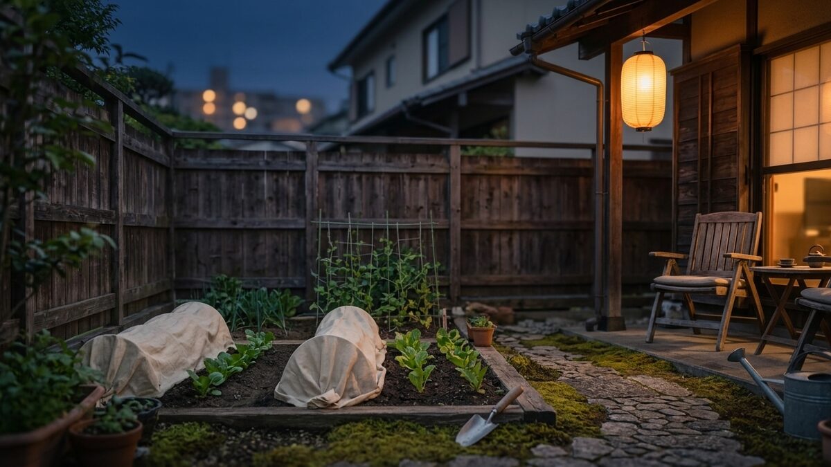 夕暮れの庭と家庭菜園