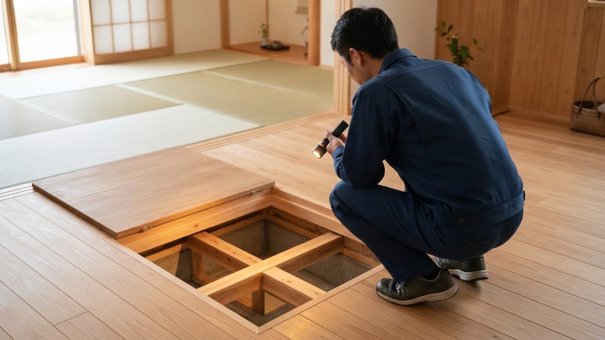 床下点検口を懐中電灯でのぞくスタッフ