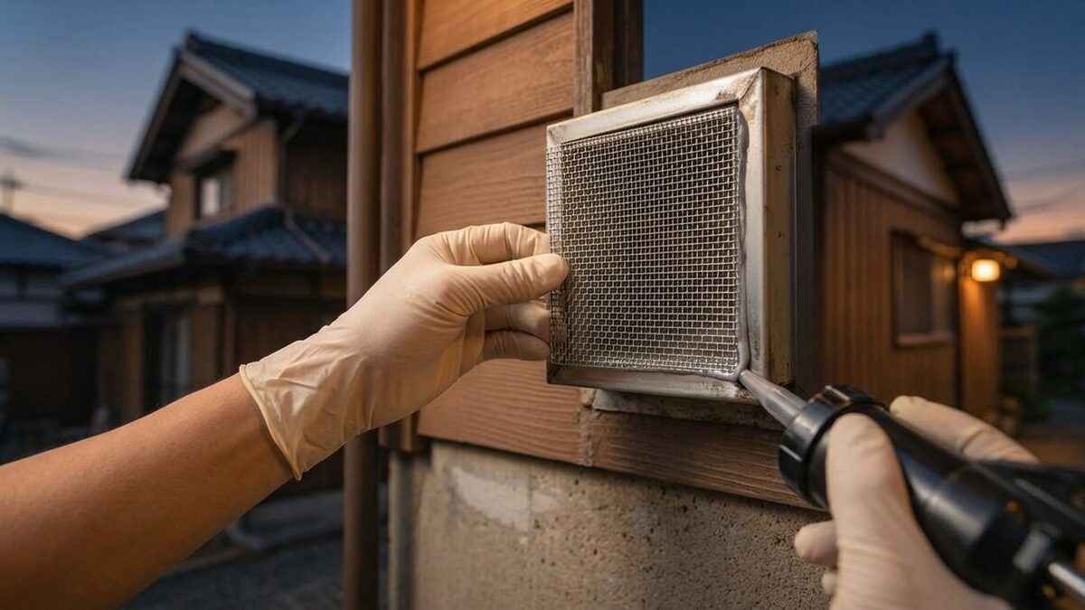 換気口に金網を取り付ける作業