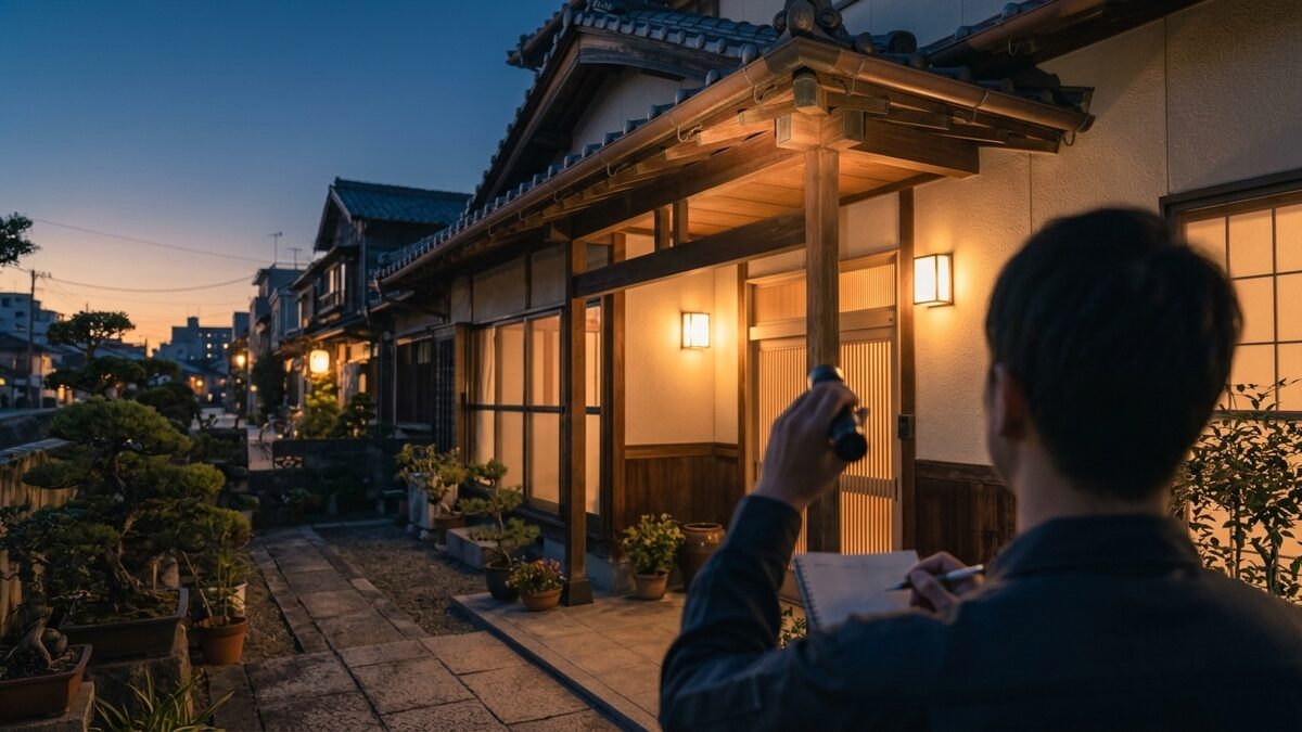 軒下を点検するスタッフ