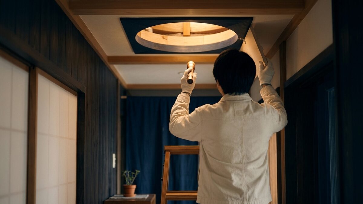 点検口から屋根裏を確かめる様子