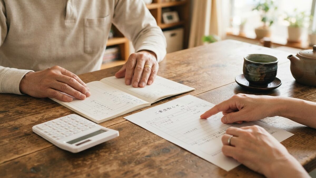 見積書と家計簿を前に費用を話し合う手元