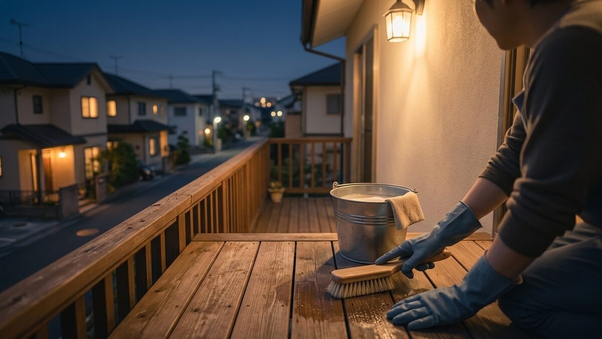 ベランダを清掃する手元