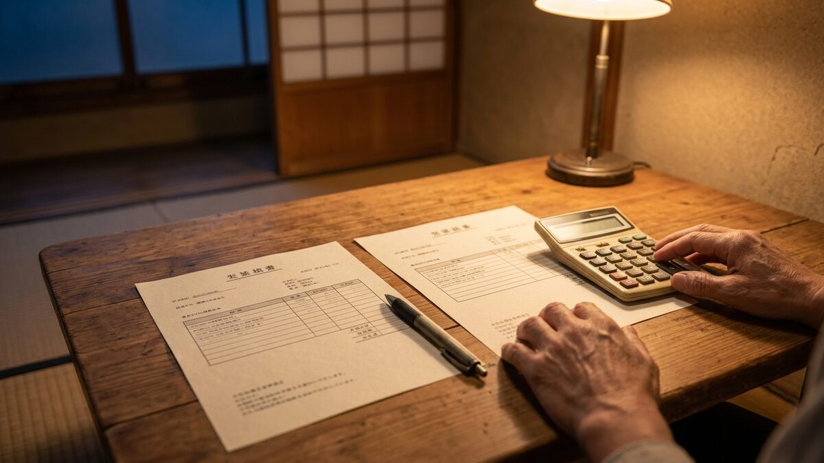 2社の見積書を並べて比べる様子