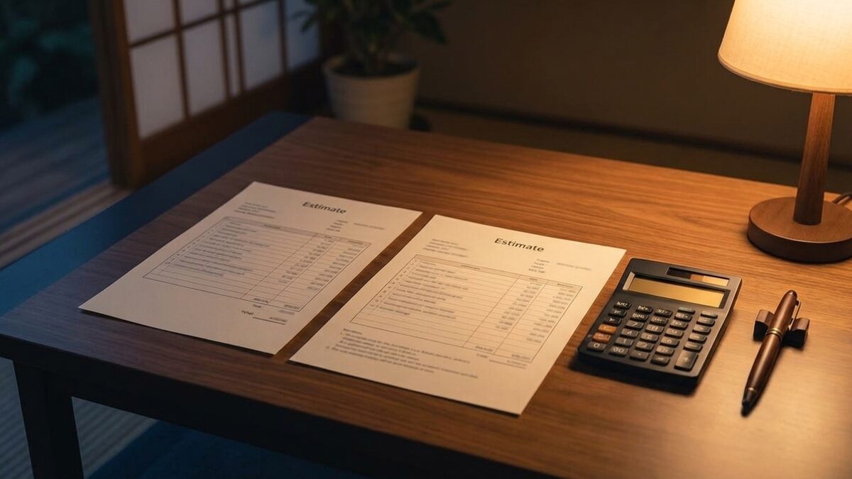 2社の見積書を並べて比べる様子