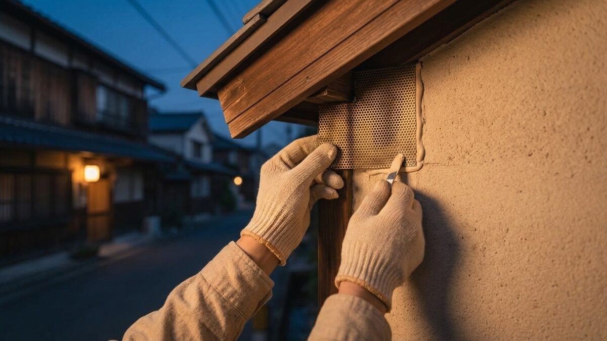 隙間をふさぐ封鎖工事の手元