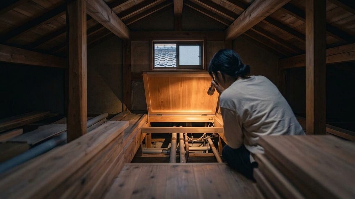 点検口から屋根裏を確かめる様子