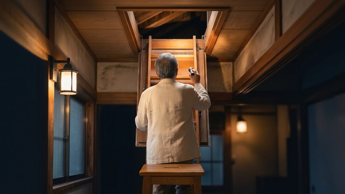 現地調査で屋根裏を確認する様子