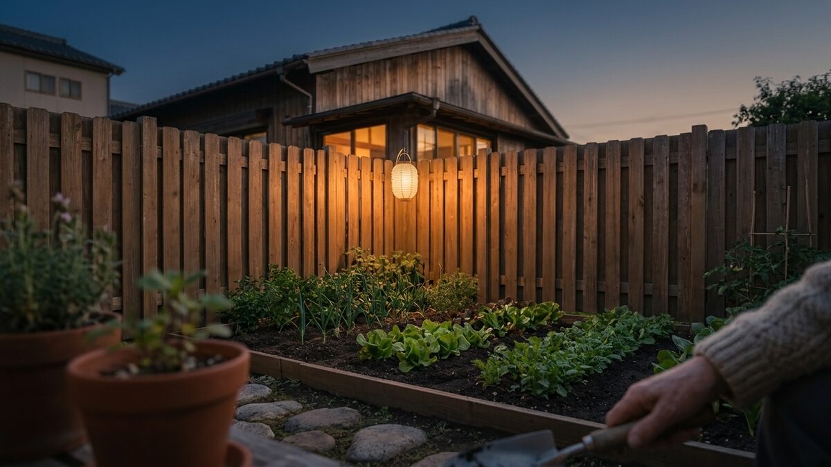 夕暮れの庭と家庭菜園