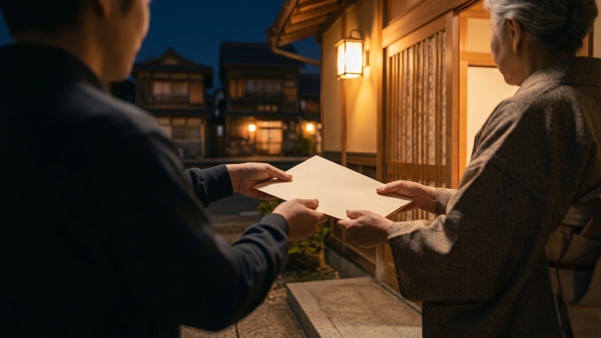 玄関先で書類を受け取る手元