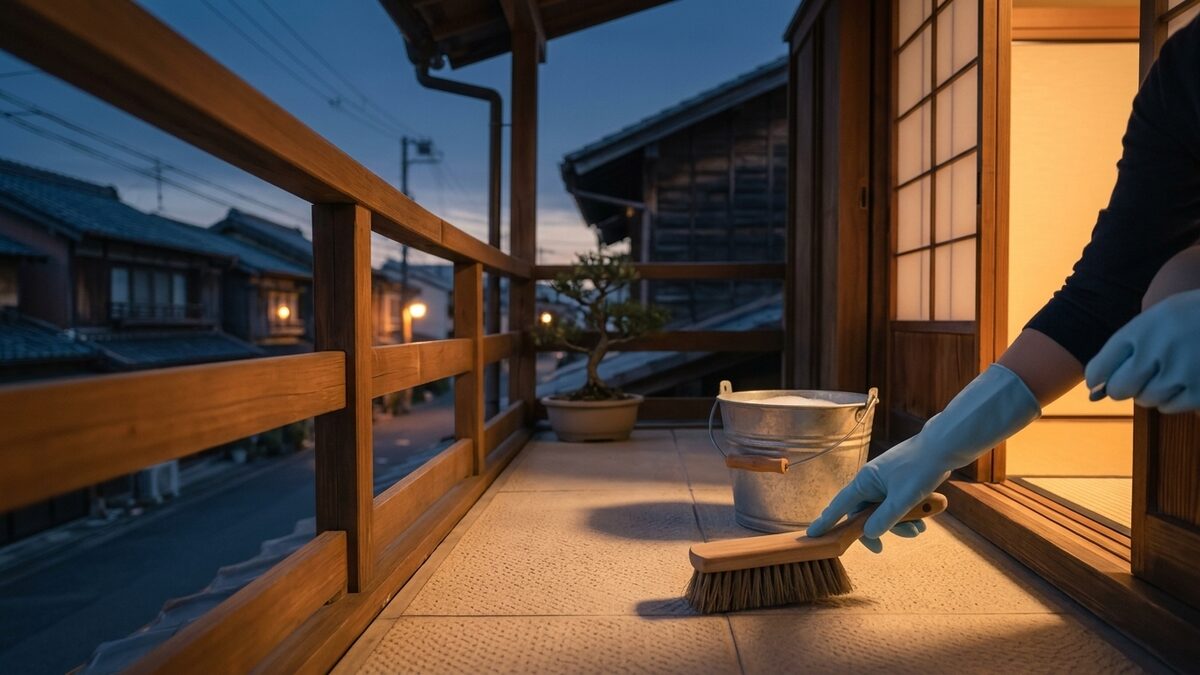 ベランダを清掃する手元