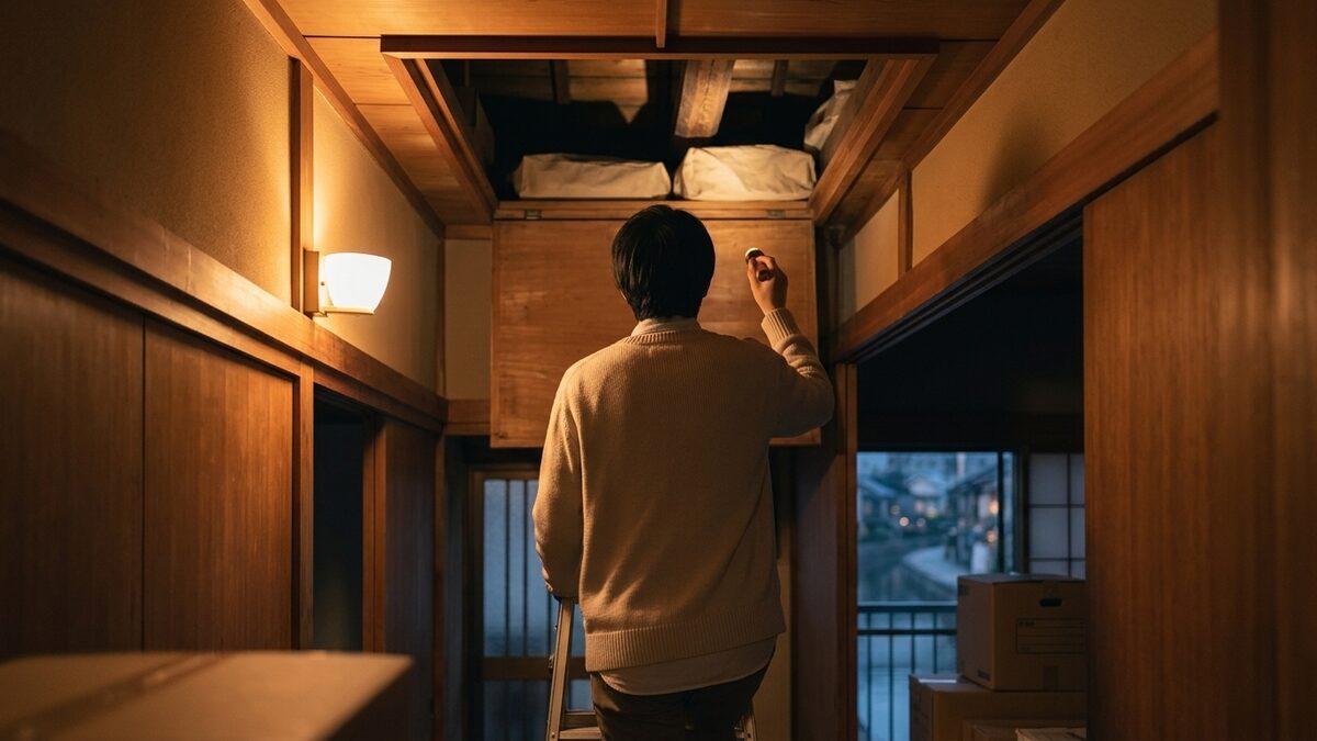 現地調査で屋根裏を確認する様子