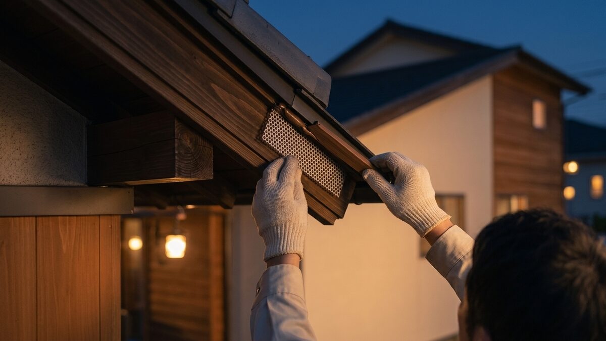 軒のすき間をふさぐ作業