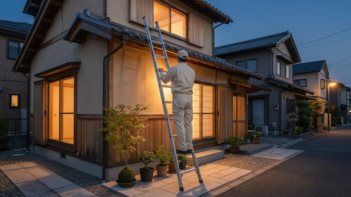 はしごで軒を点検する様子