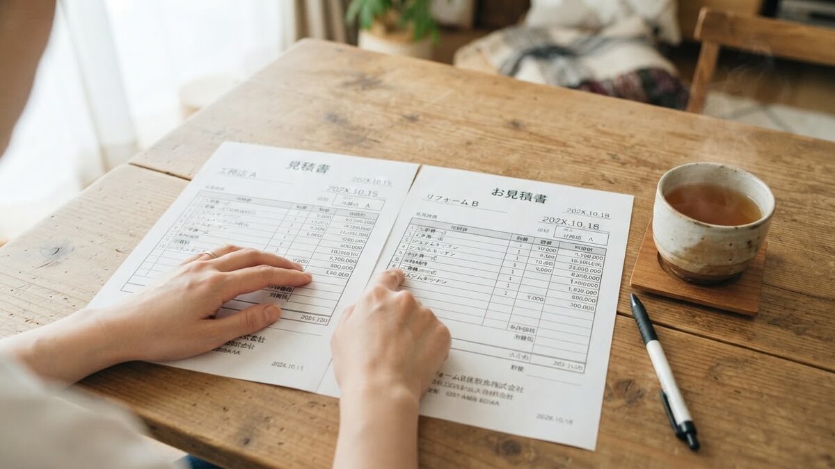 2社の見積書を並べて比べる様子