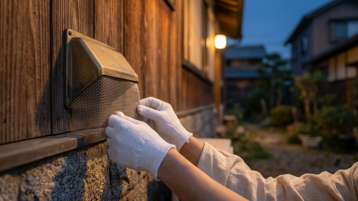 換気口に金網を取り付ける作業