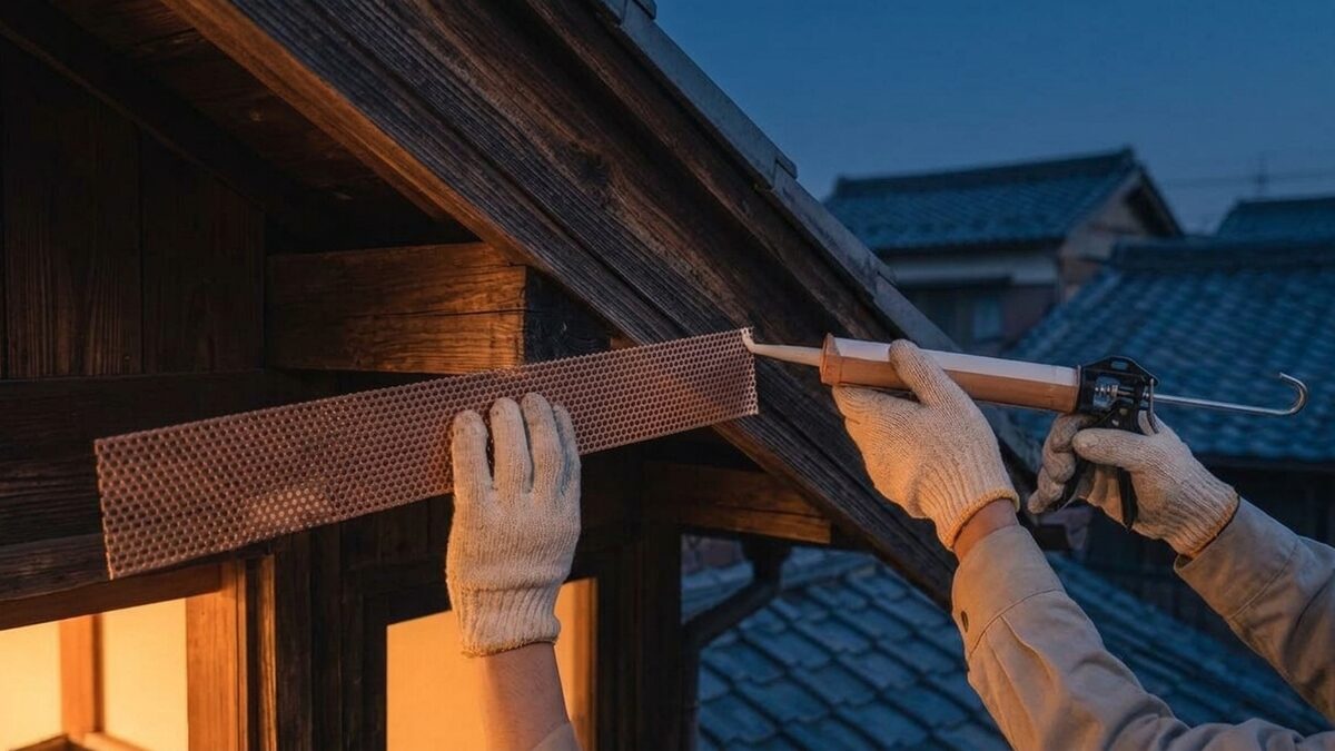 軒のすき間をふさぐ作業