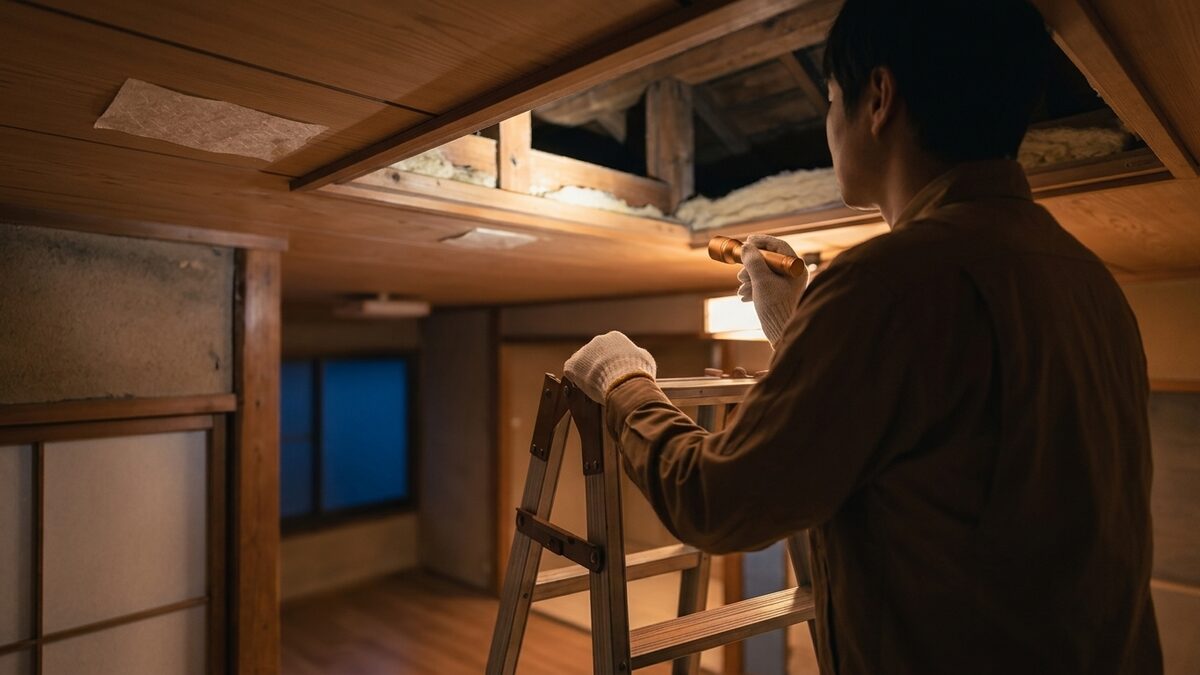 点検口から屋根裏を確かめる様子