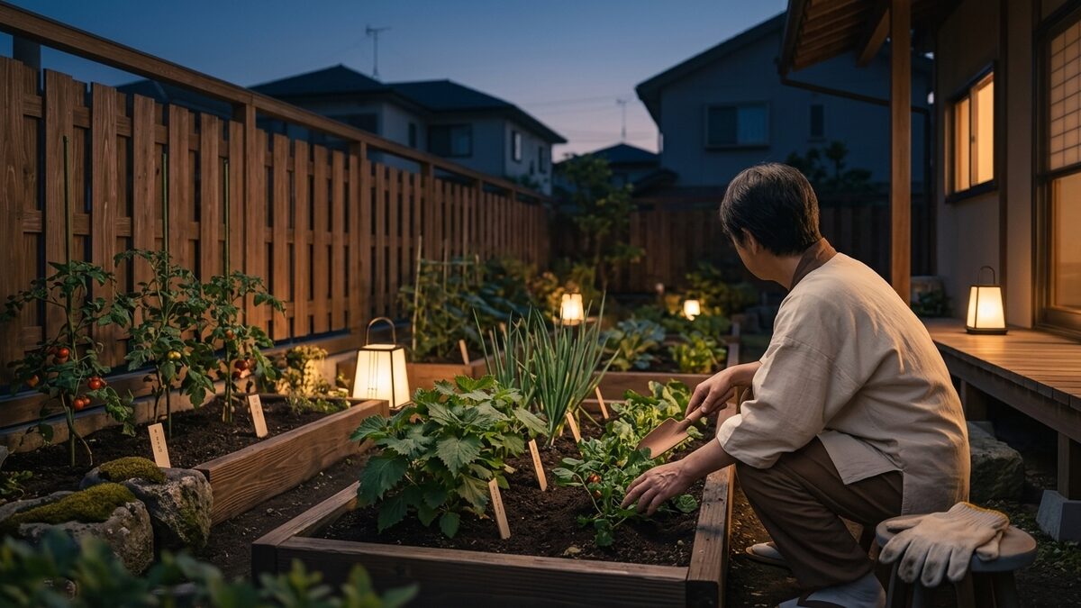 夕暮れの庭と家庭菜園