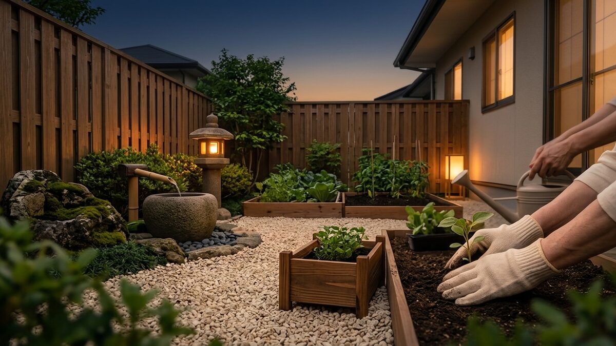 夕暮れの庭と家庭菜園