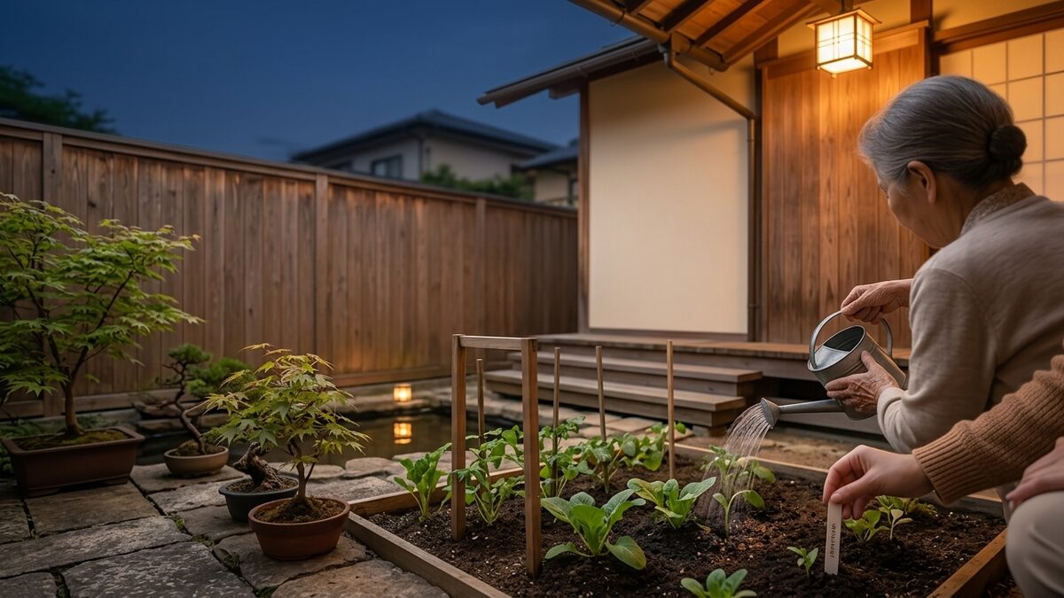 夕暮れの庭と家庭菜園