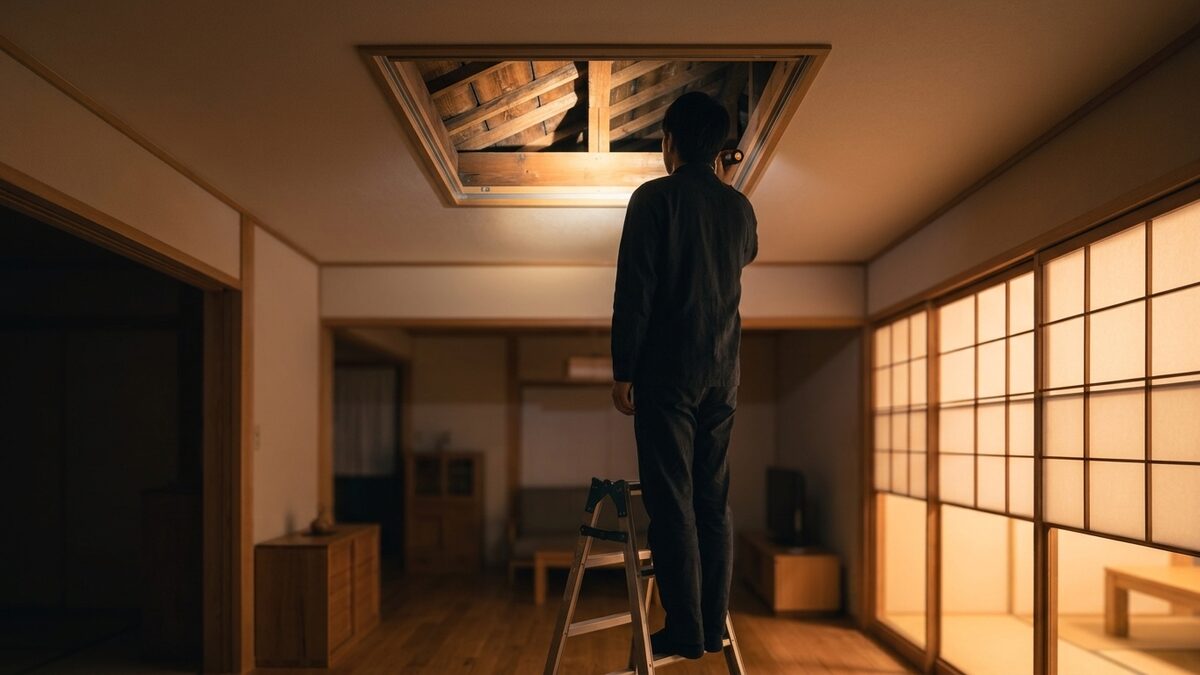 点検口から屋根裏を確かめる様子