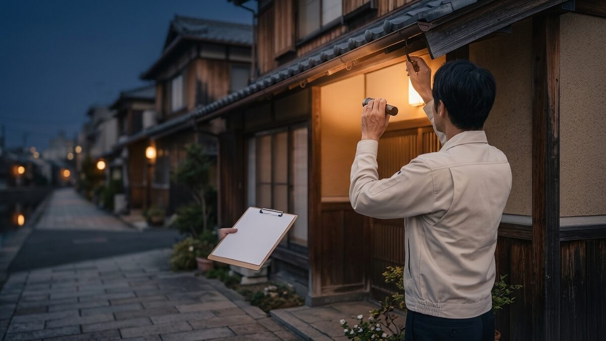 軒下を点検するスタッフ