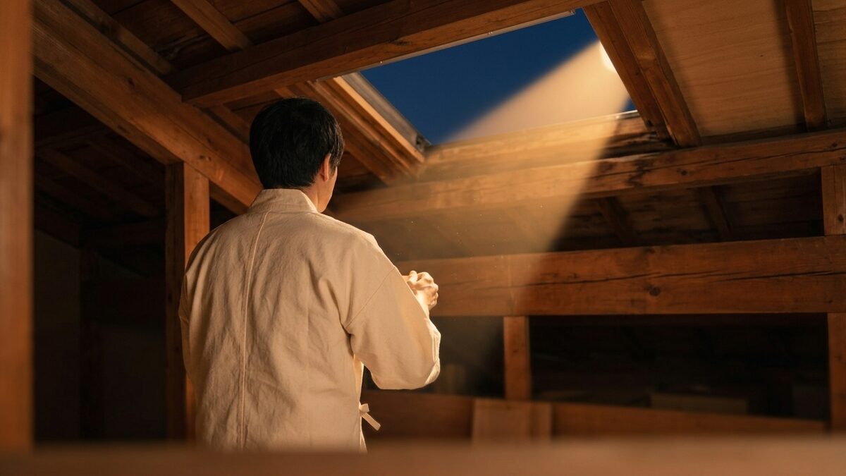 点検口から屋根裏を確かめる様子
