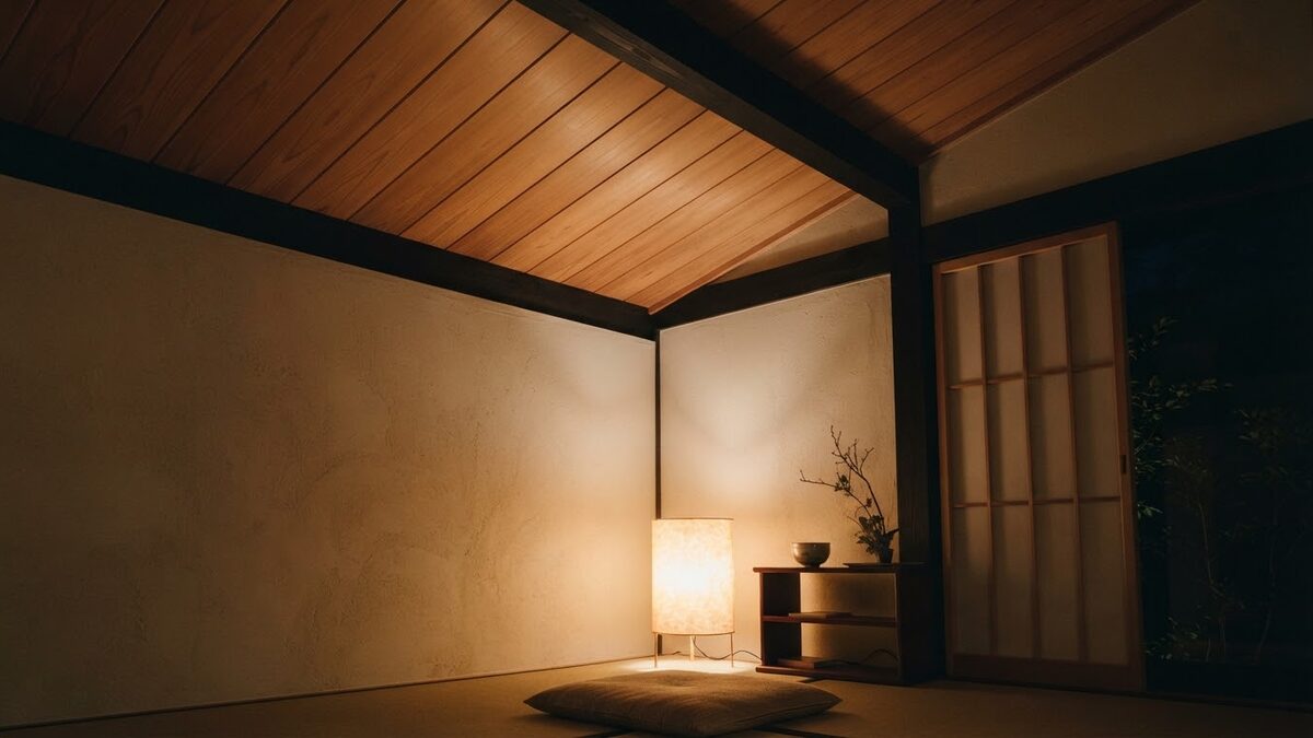 夜、木の天井を灯りが照らす部屋