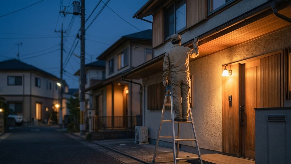 はしごで軒を点検する様子