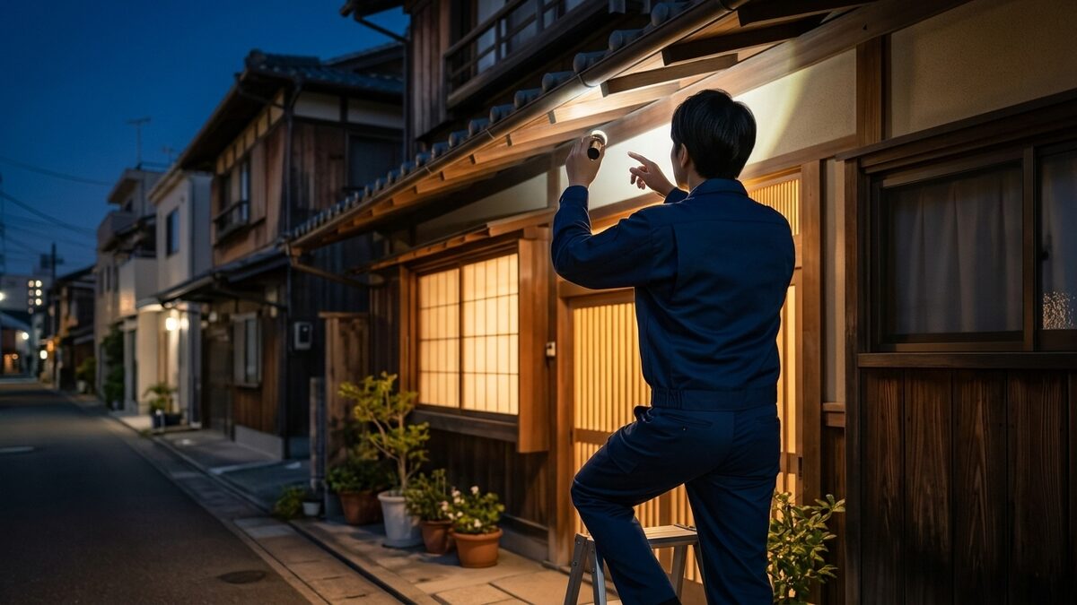 軒下を点検するスタッフ