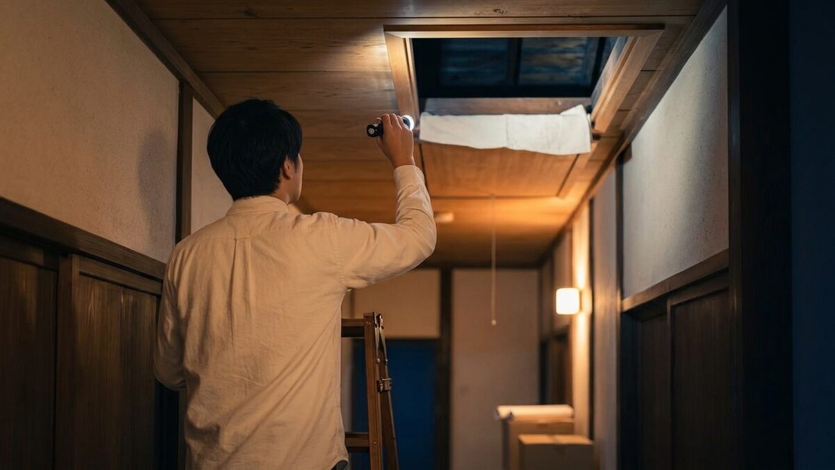 点検口から屋根裏を確かめる様子