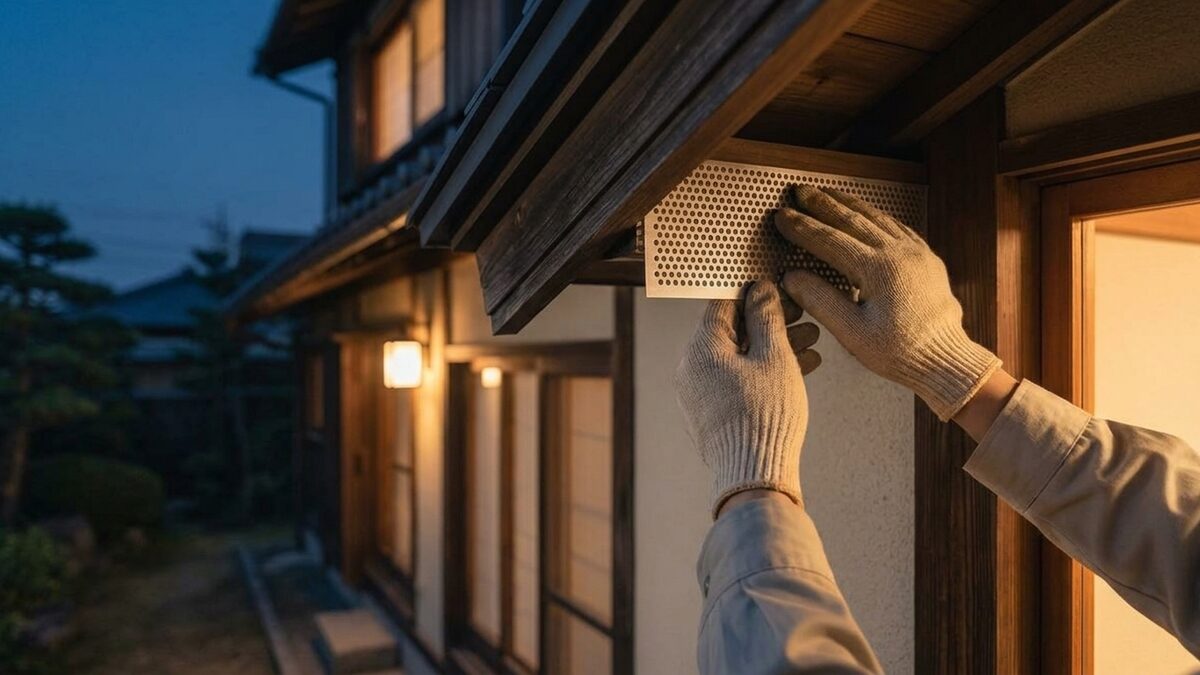 隙間をふさぐ封鎖工事の手元