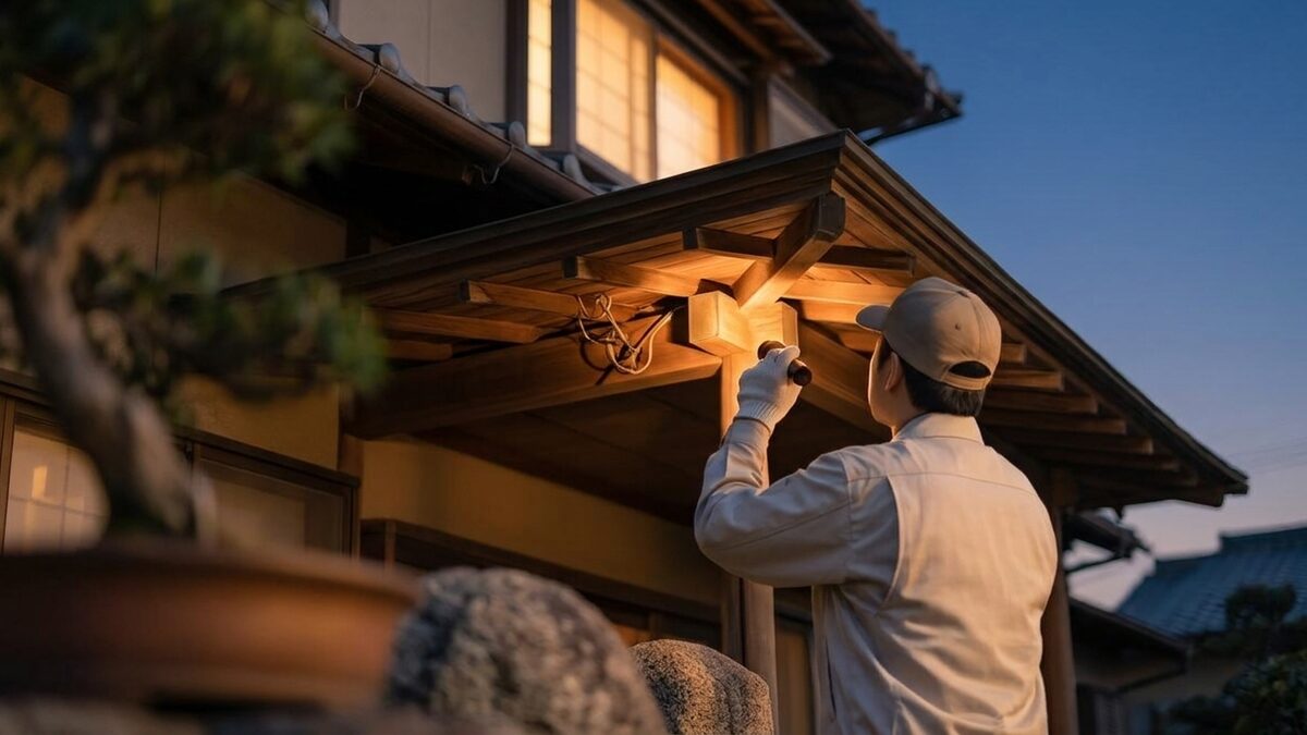 軒下を点検するスタッフ