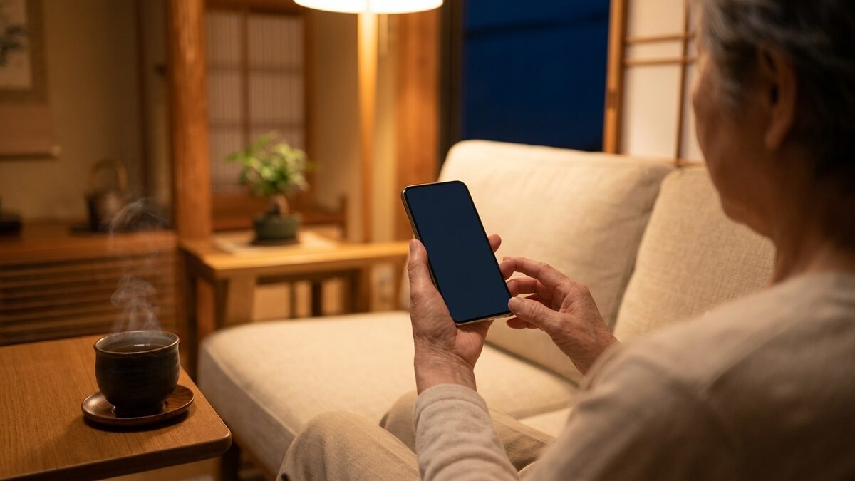 スマートフォンで口コミを調べる手元