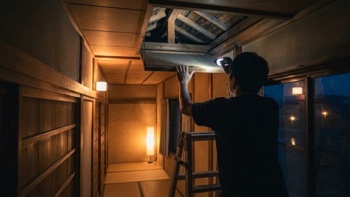 現地調査で屋根裏を確認する様子