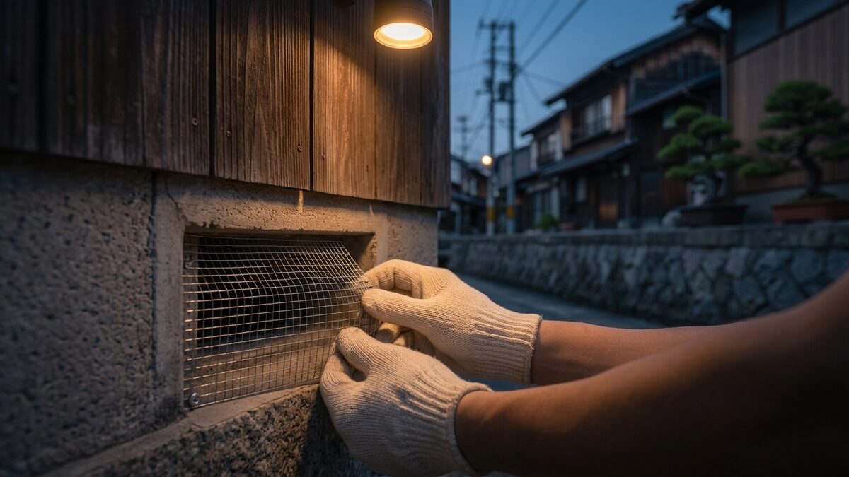 床下の換気口に金網を付ける作業