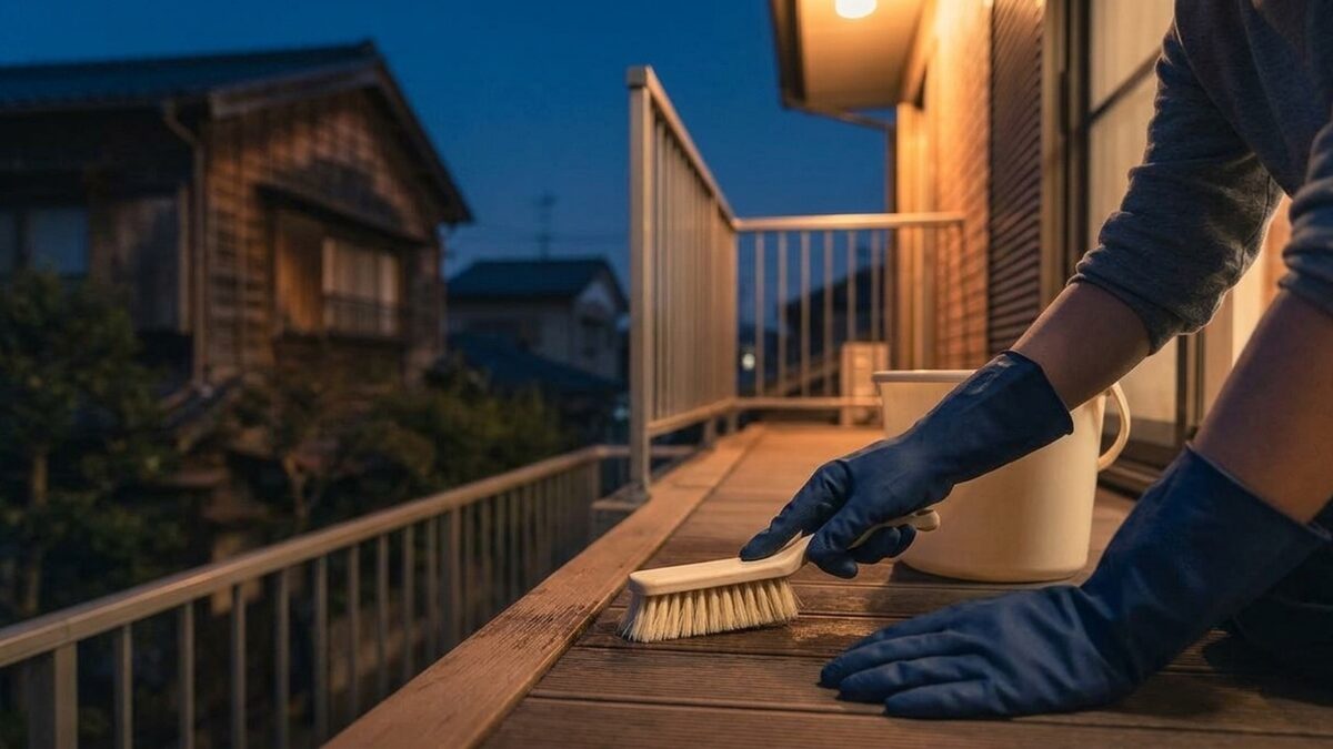 ベランダを清掃する手元