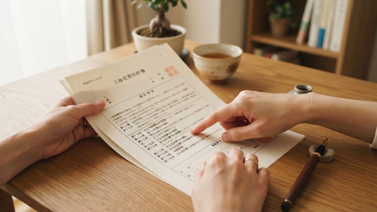 契約書の条文を指でたどって読み返す手元