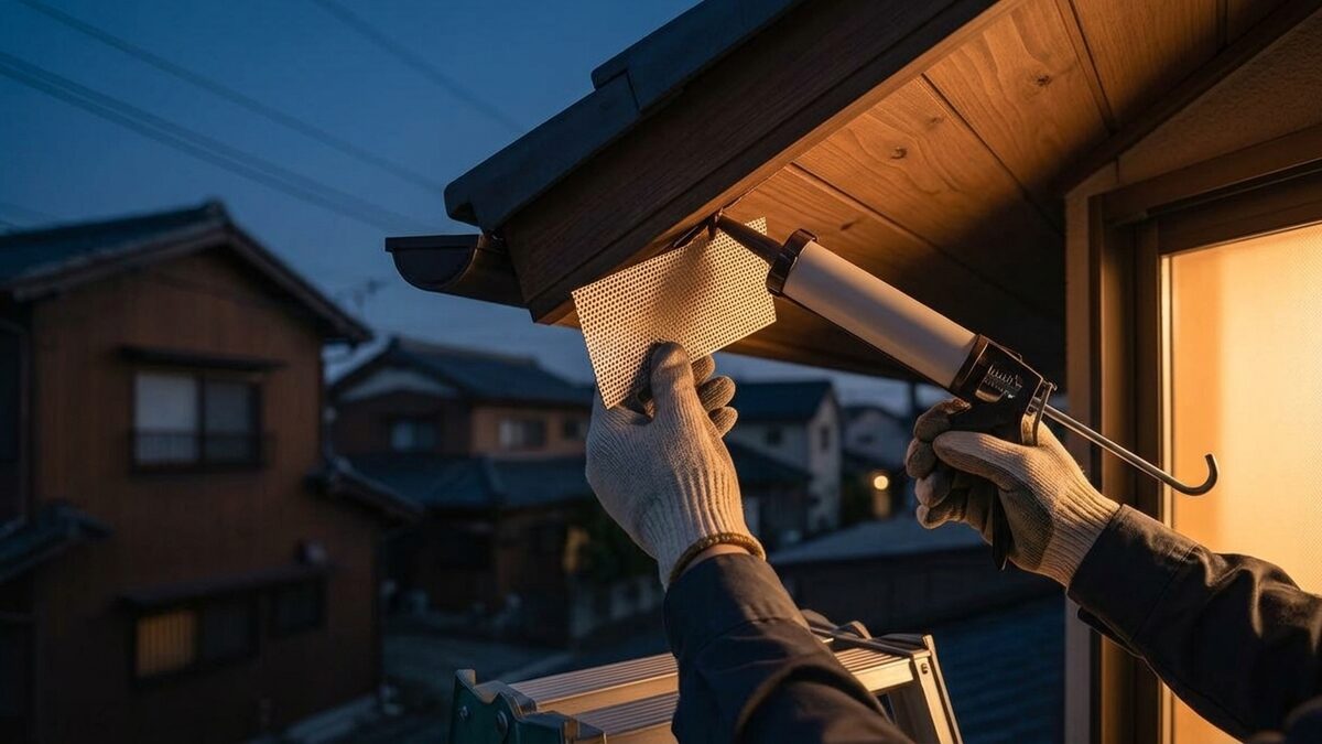隙間をふさぐ封鎖工事の手元
