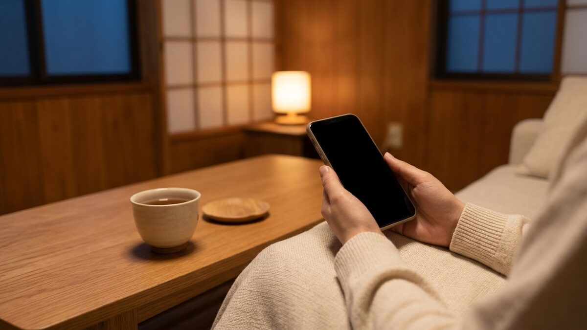スマートフォンで口コミを調べる手元