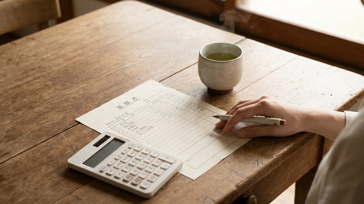 見積書と電卓を確認する手元