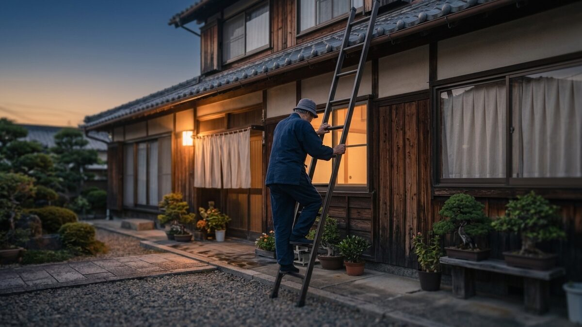 はしごで軒を点検する様子