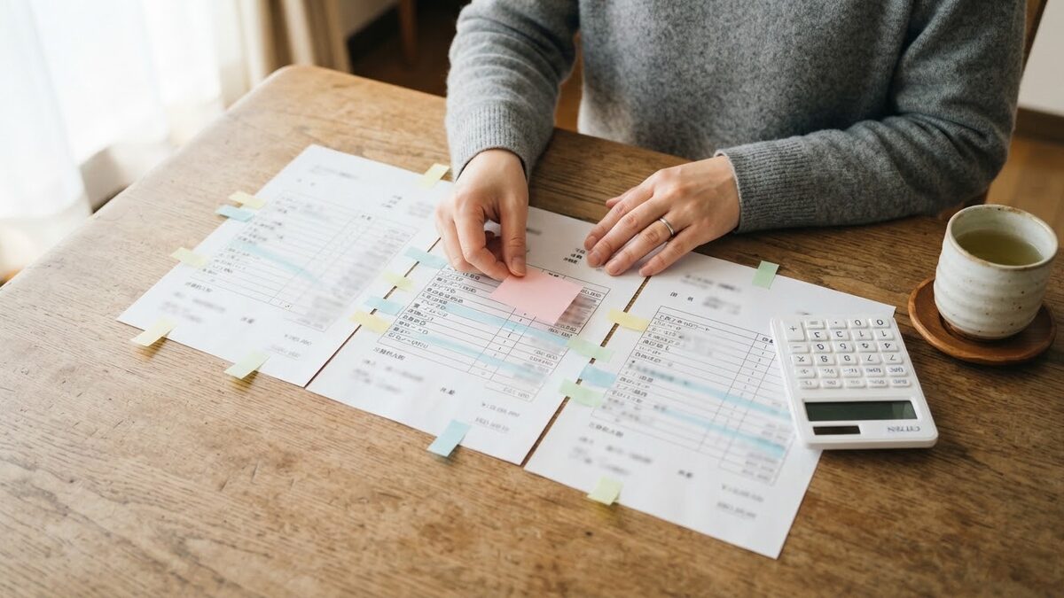 3社の見積書に付箋を貼って比べる手元